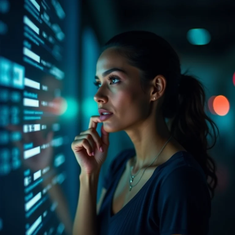 Mulher latina olhando para tela digital com dados atualizados