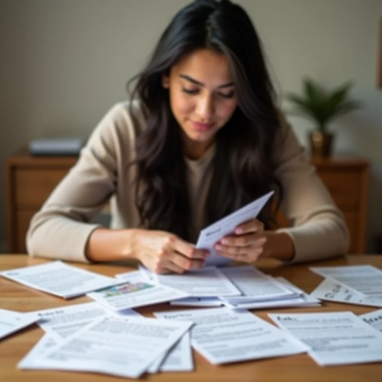 Mulher latina organizando flashcards por nível de conhecimento.