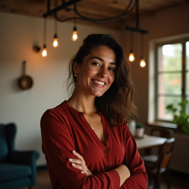 Mulher latina orgulhosa de sua luminária de trilho DIY