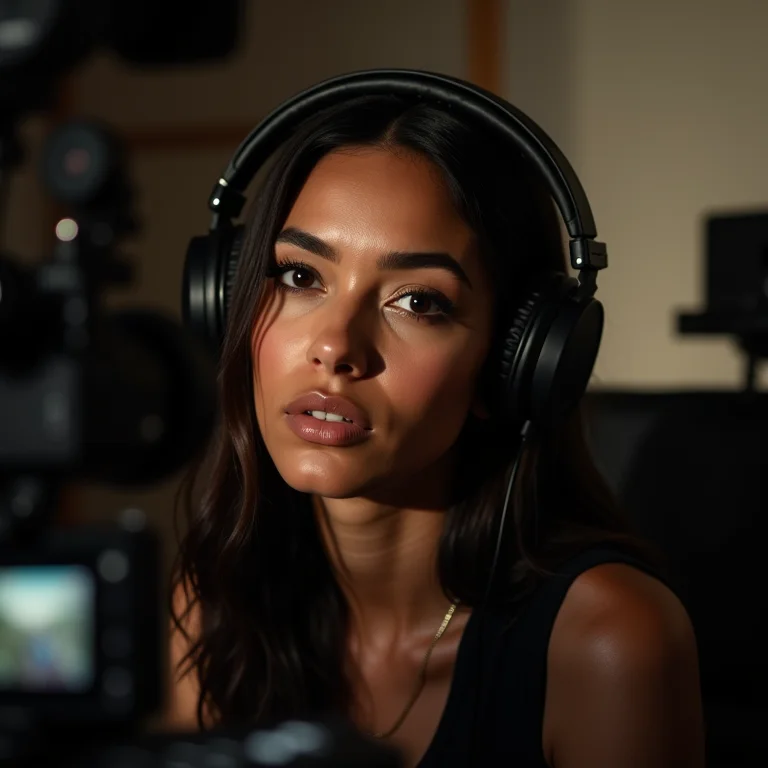 Mulher latina ouvindo música em um ambiente de filmagem