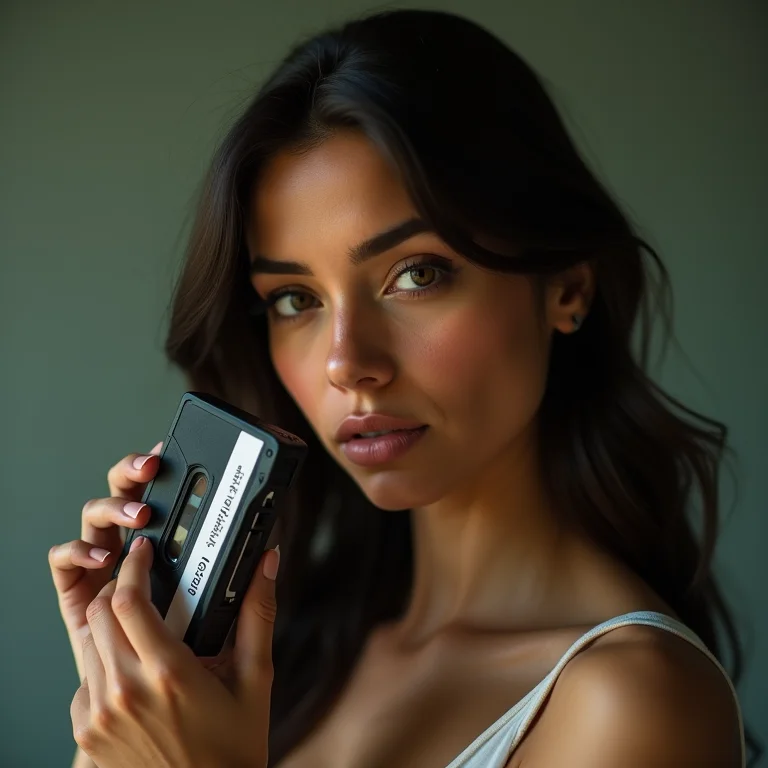 Mulher latina pensativa segurando um gravador, simbolizando a busca pela verdade.