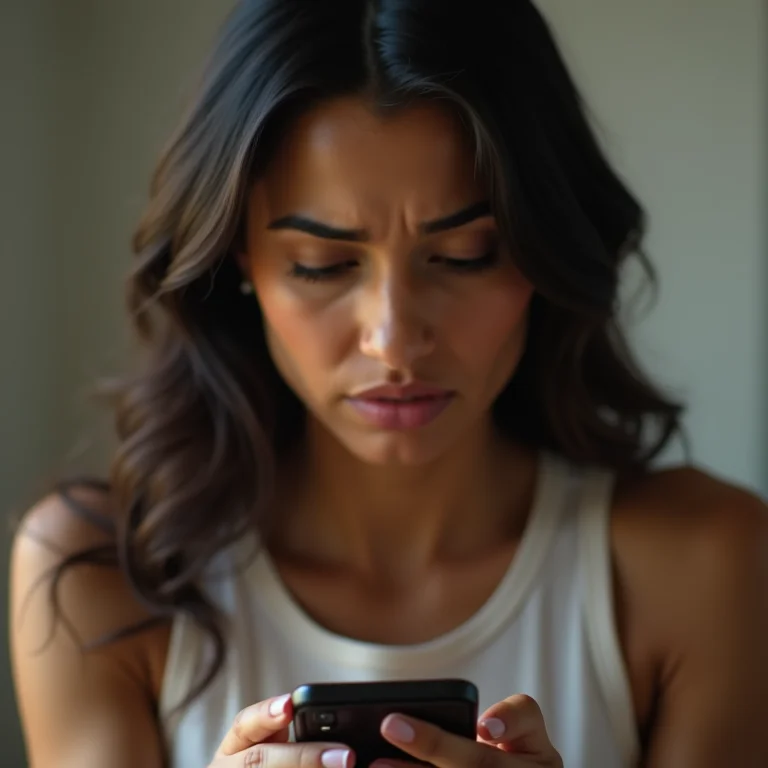 Mulher latina preocupada olhando para o celular, que exibe comentários negativos em plataforma profissional.