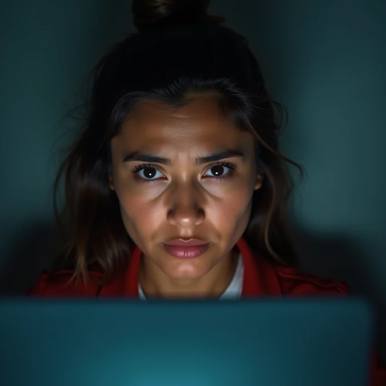 Mulher latina preocupada ouvindo bipes longos e repetitivos de um computador.