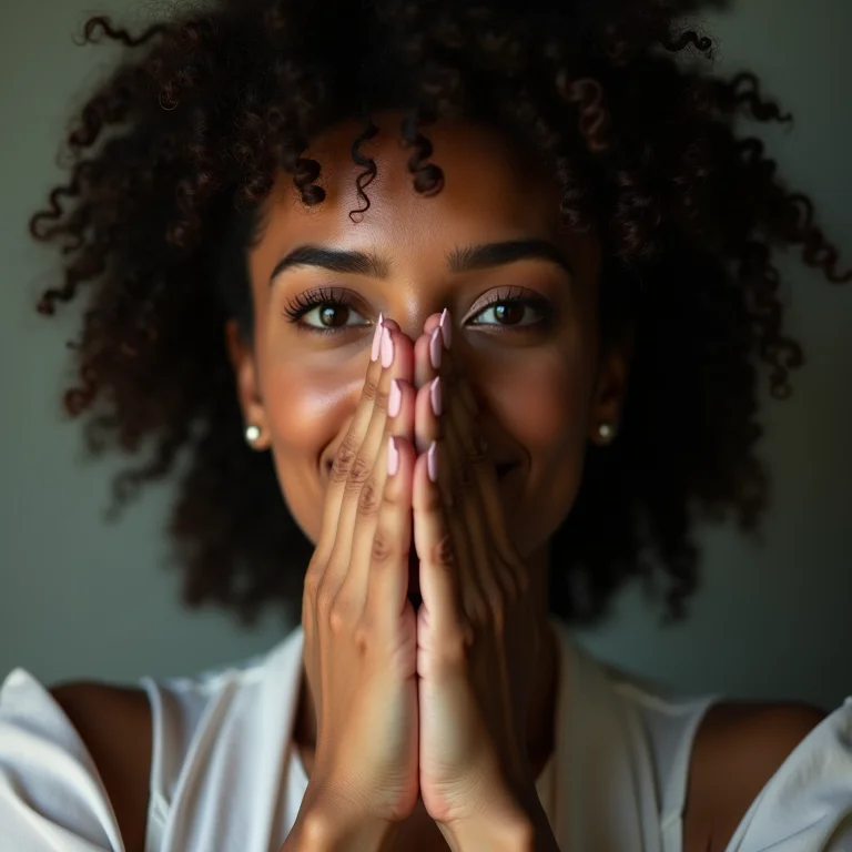 Mulher latina protegendo o rosto com as mãos, representando a proteção de dados pessoais.