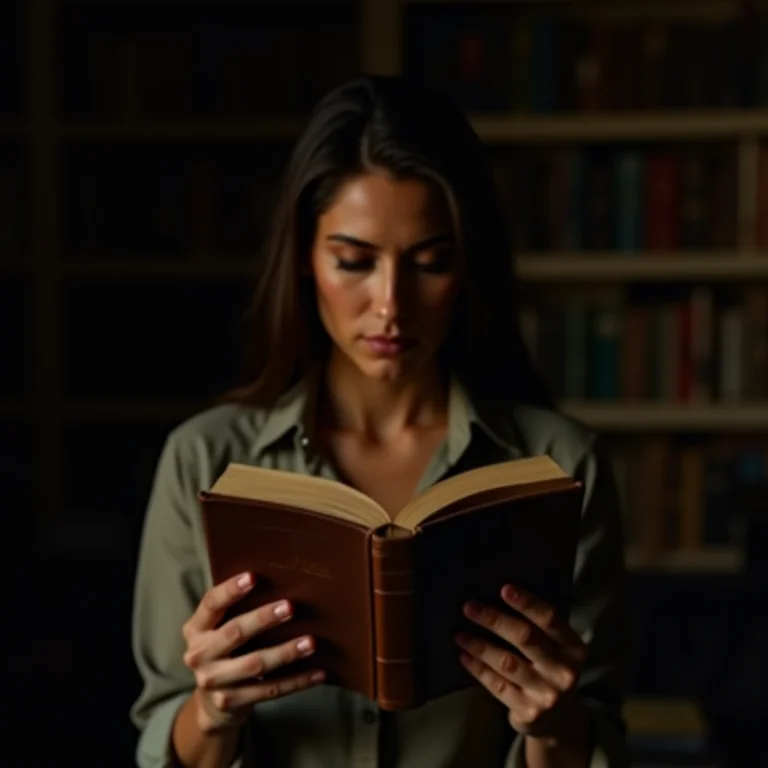 Mulher latina segurando livro antigo em biblioteca