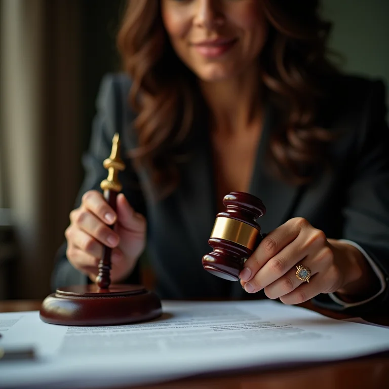 Mulher latina segurando um martelo de juiz e examinando documentos legais