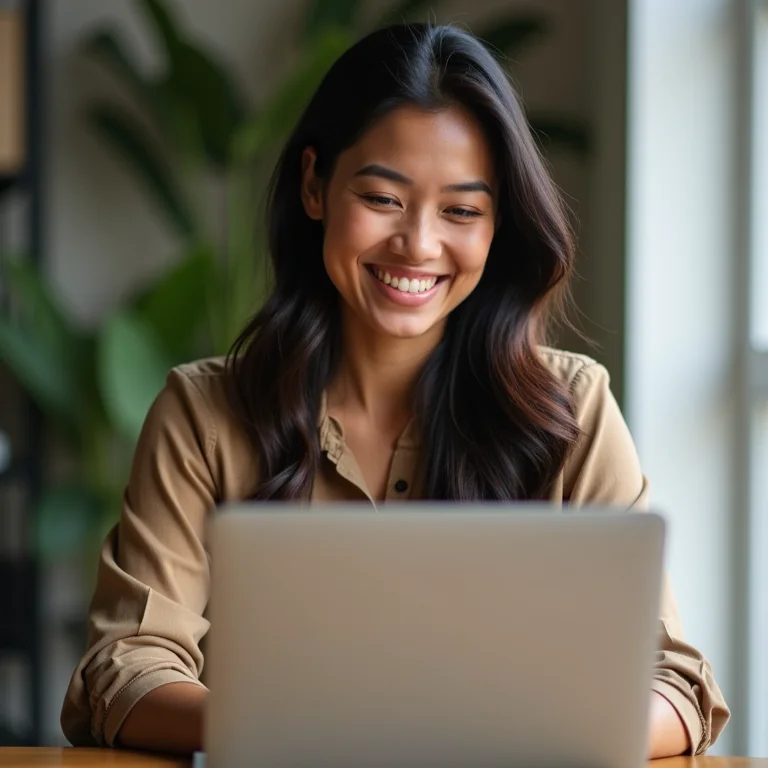 Mulher latina sorrindo enquanto gerencia suas finanças no laptop