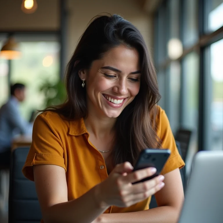 Mulher latina sorrindo enquanto usa o Google Chat no celular