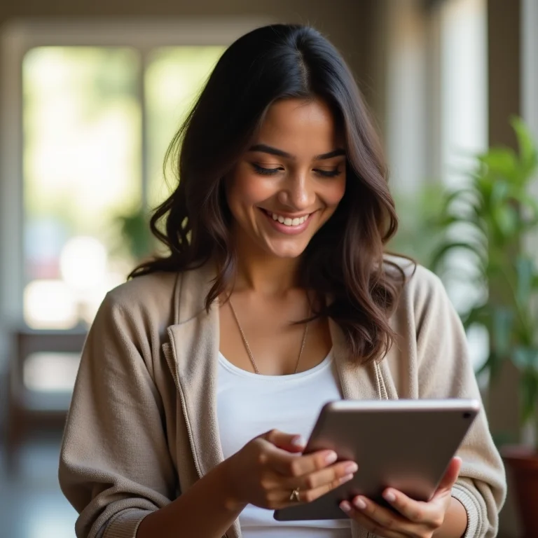 Mulher latina sorrindo enquanto usa um aplicativo de leitura em seu tablet.
