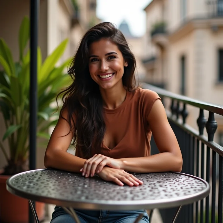 Mulher latina tocando mesa bistrô de metal em varanda