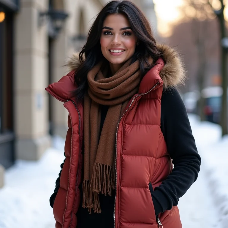 Mulher latina usando camadas de roupa com colete puffer