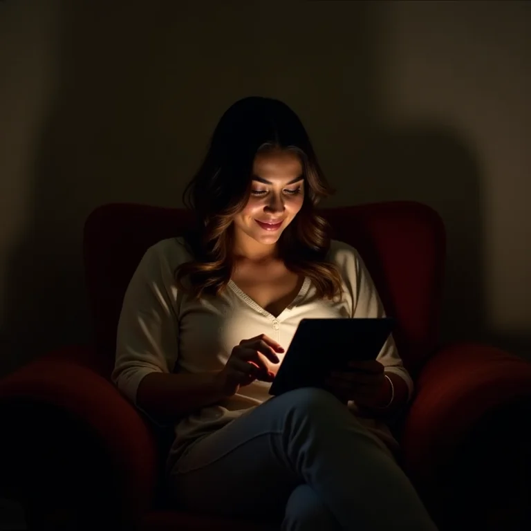 Mulher latina usando tablet com aplicativo de leitura em modo noturno