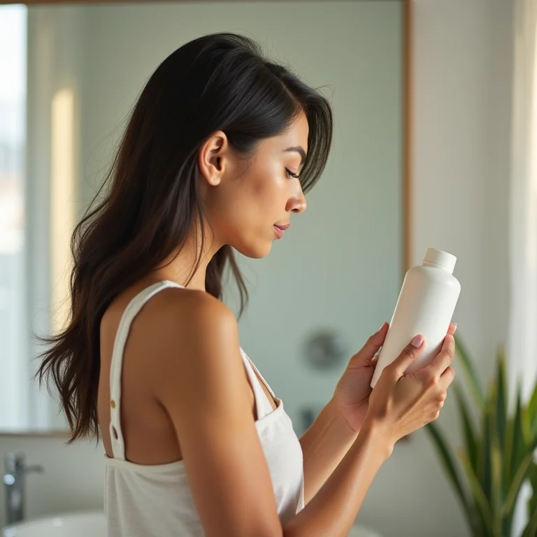 Mulher lendo rótulo de produto capilar para evitar ingredientes proibidos