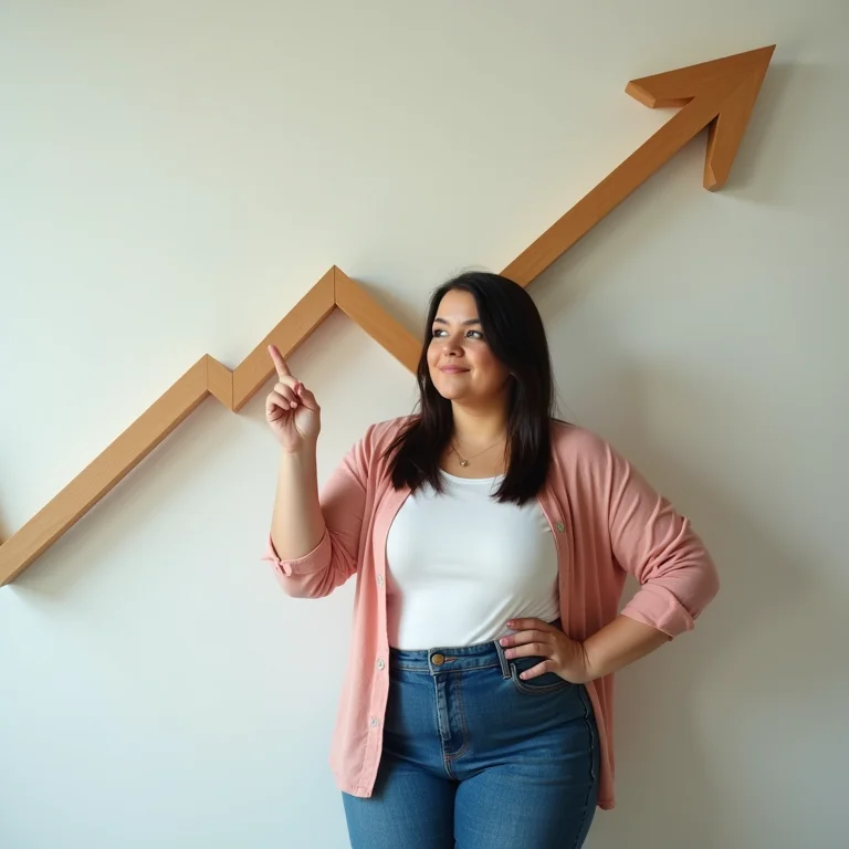 Mulher mid-size apontando para um gráfico de crescimento, representando o potencial de marca.