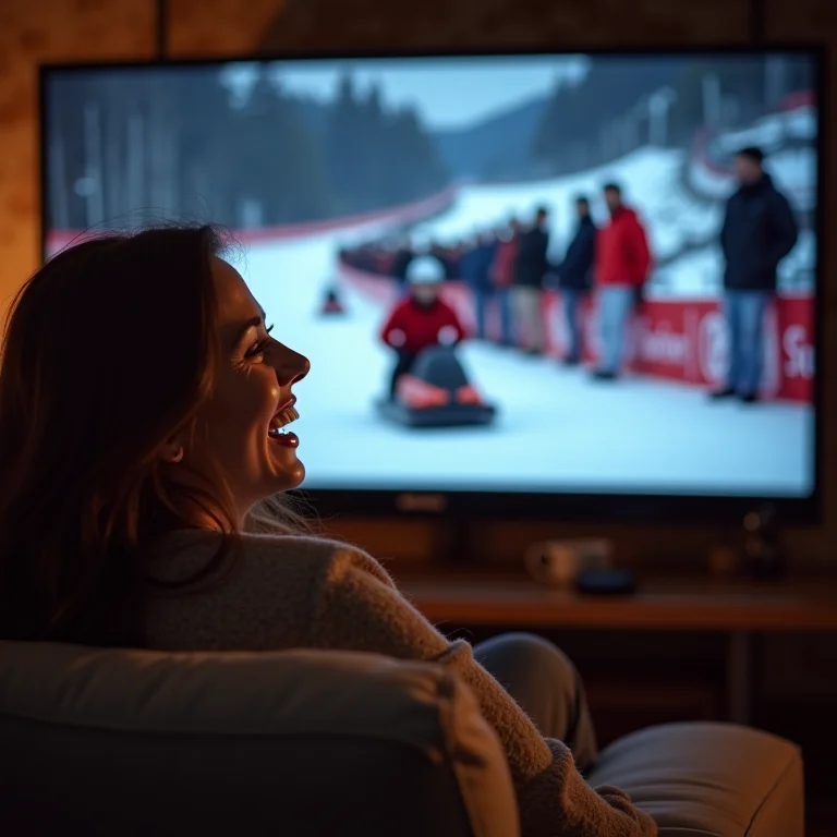 Mulher mid-size assistindo competição de luge na TV