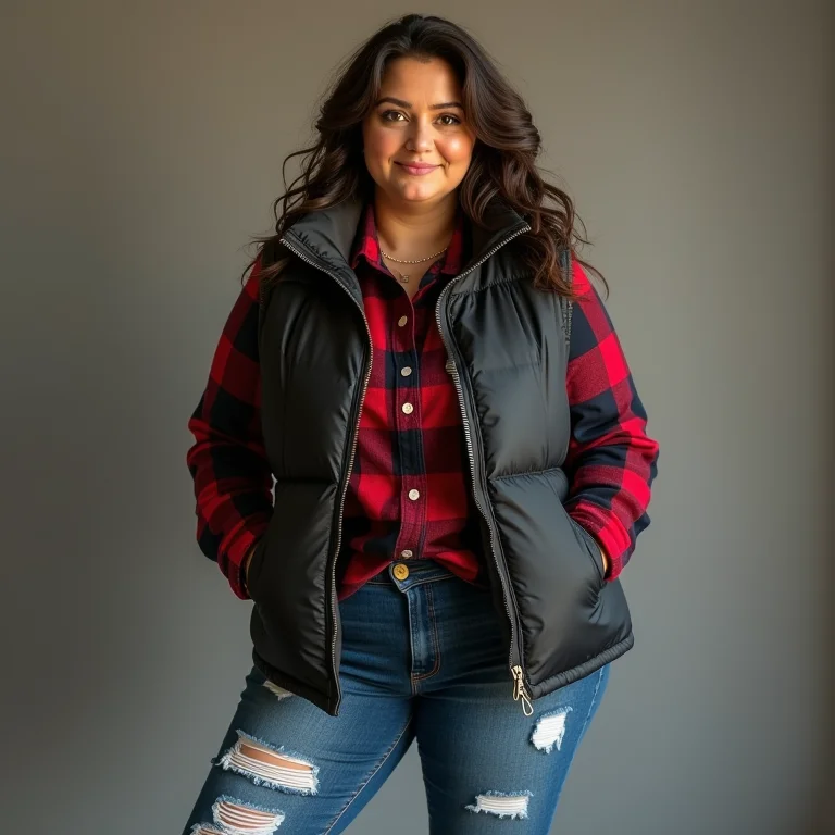 Mulher mid-size com colete puffer e camisa de flanela