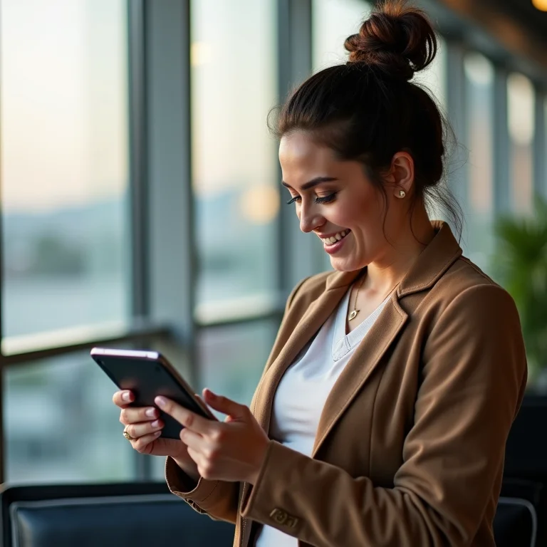 Mulher mid-size comparando preços de diferentes companhias aéreas.