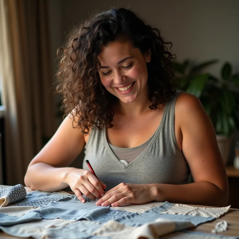 Mulher mid-size costurando patchwork à mão.