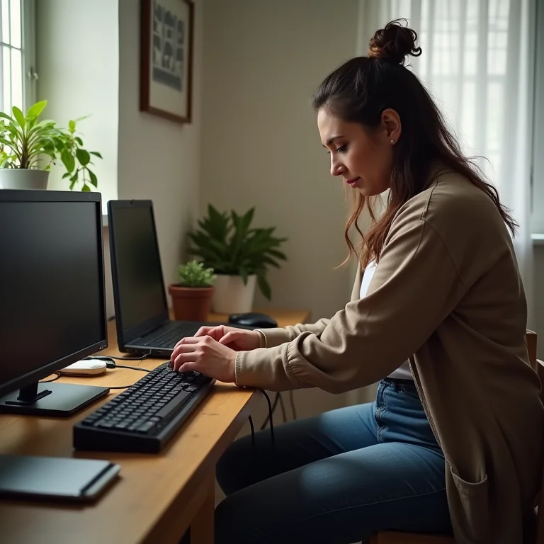 Mulher mid-size desconectando aparelhos da tomada, representando economia de energia
