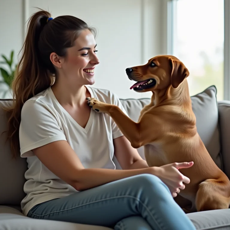 Mulher mid-size ensinando seu cachorro a subir no sofá com um comando.