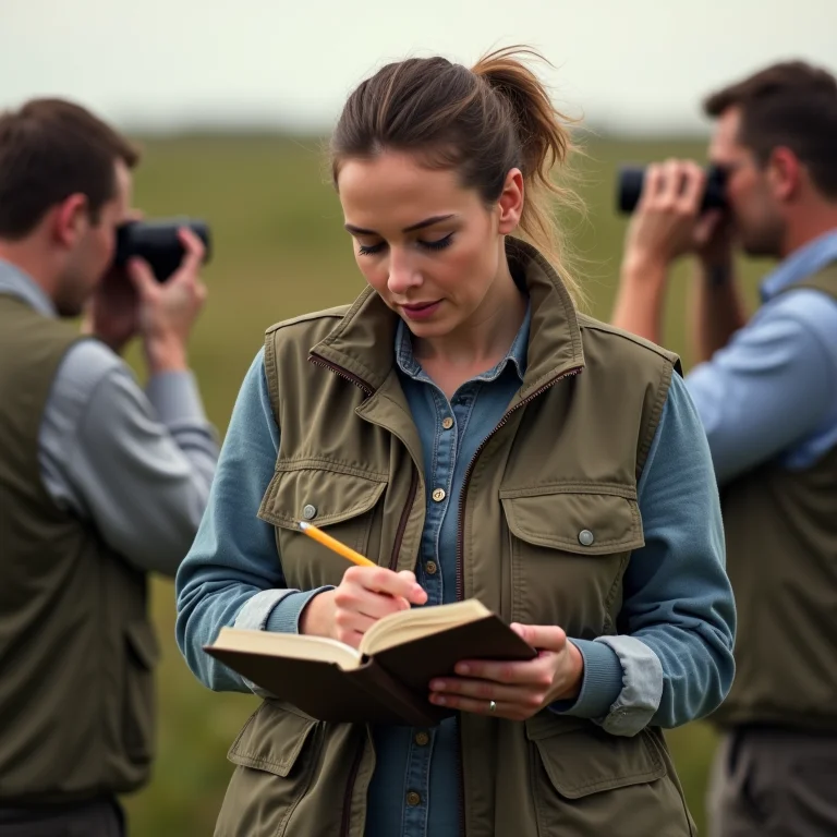 Mulher mid-size observando pássaros e anotando em diário de campo