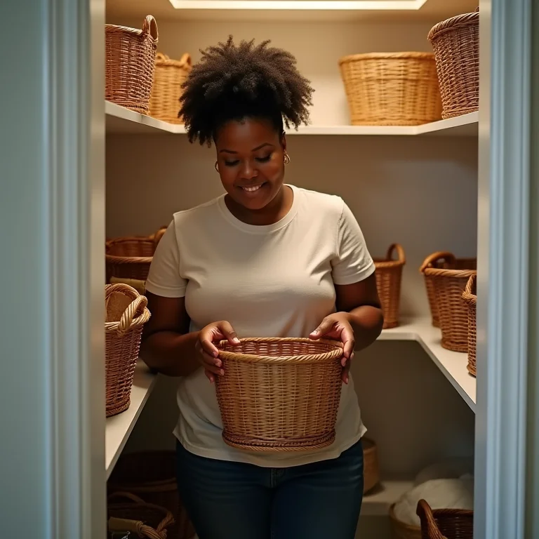 Mulher mid-size organizando cestos em uma despensa pequena.