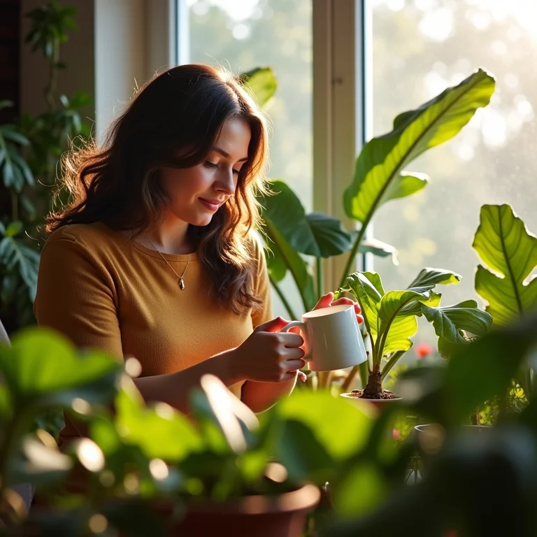 Mulher mid-size regando plantas com chá de banana