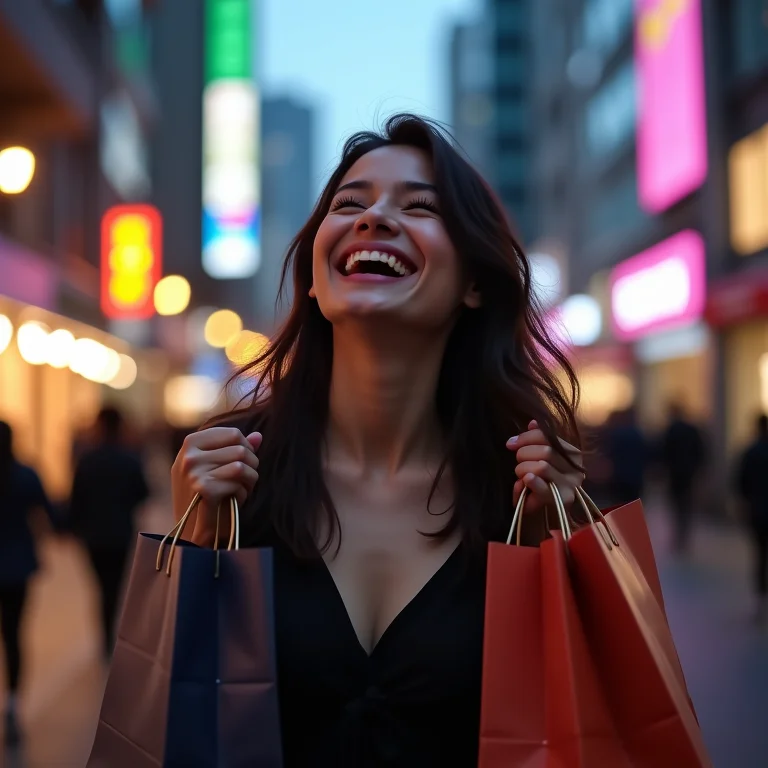 Mulher mid-size rindo com sacolas de compras no distrito de Gangnam