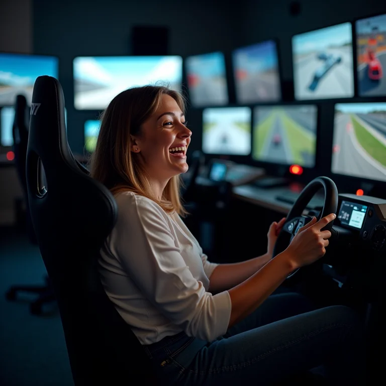 Mulher mid-size rindo em simulador de corrida profissional.