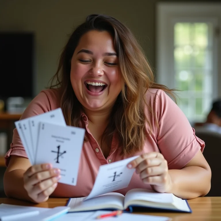 Mulher mid-size rindo enquanto estuda com flashcards.