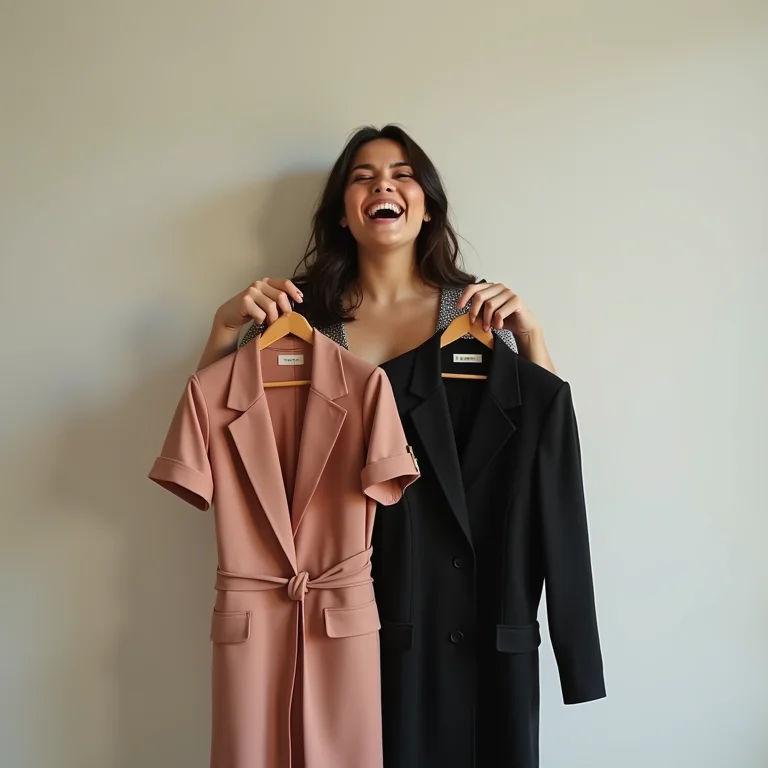 Mulher mid-size segurando roupas contrastantes.