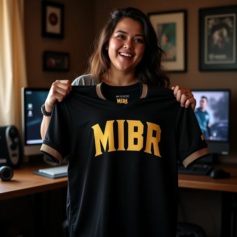 Mulher mid-size segurando uma camisa da MIBR rodeada por itens nostálgicos de jogos