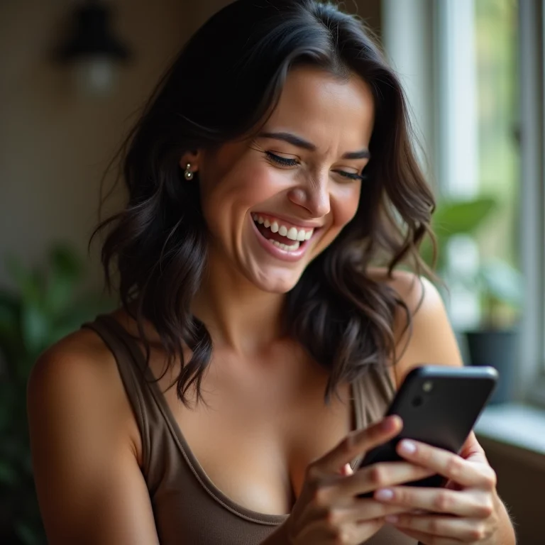 Mulher mid-size sorrindo ao ver notícias positivas sobre sua carreira no Google Discover.