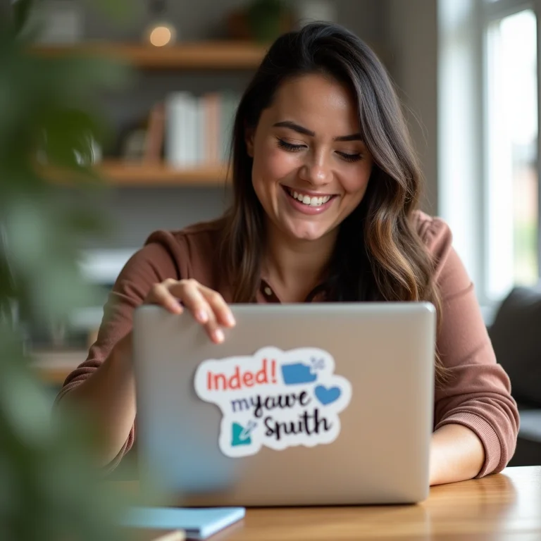 Mulher mid-size sorrindo e colando adesivo com elementos da marca em laptop