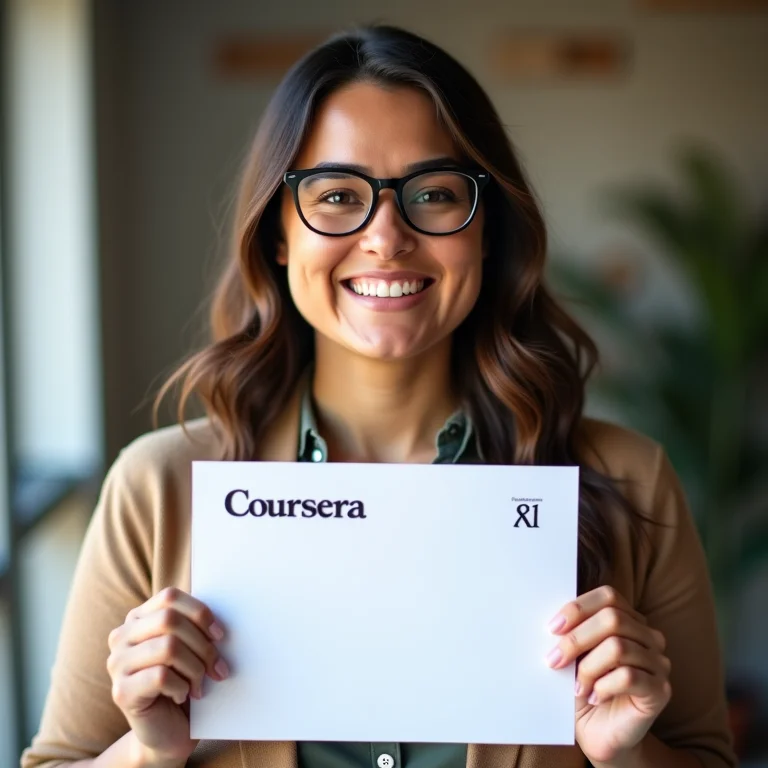Mulher mid-size sorrindo e mostrando certificado da Coursera
