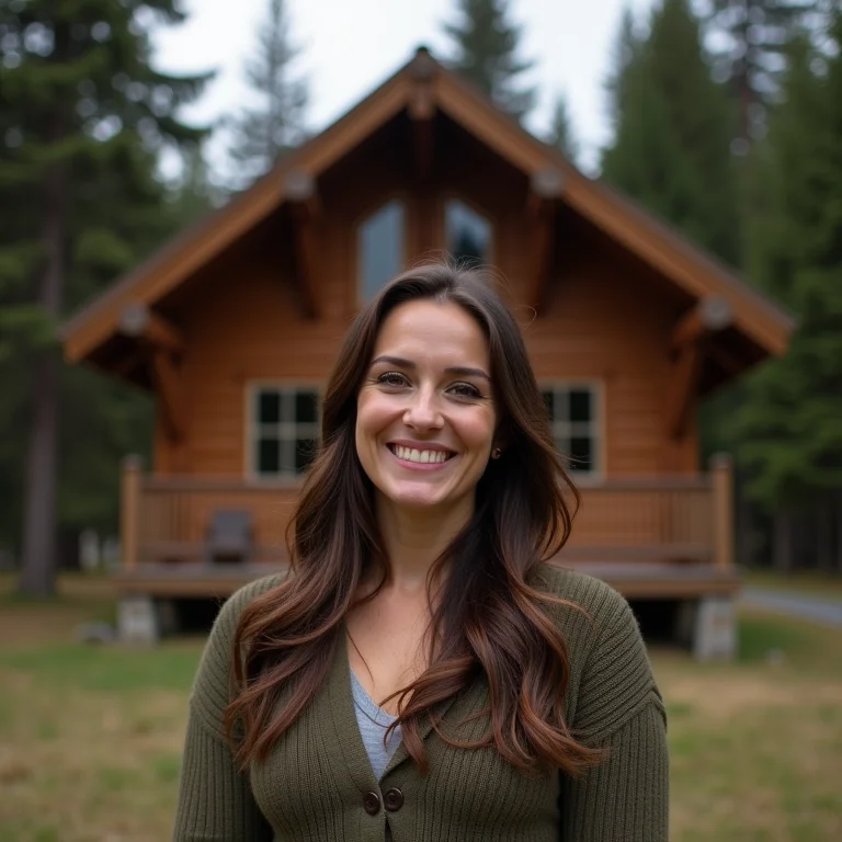 Mulher mid-size sorrindo em frente a cabana de madeira em Forks