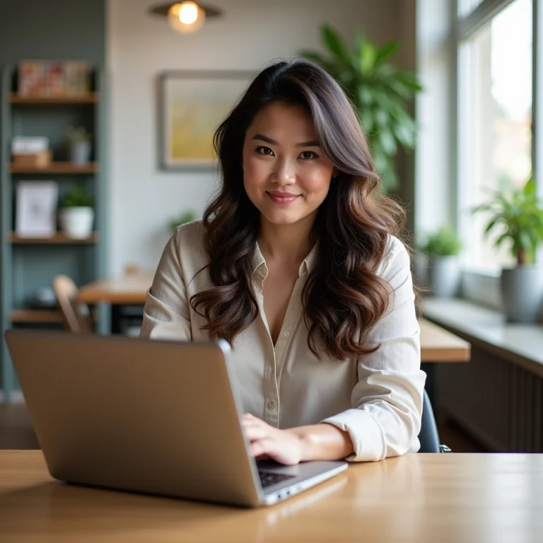 Mulher mid-size trabalhando em um ambiente business casual.