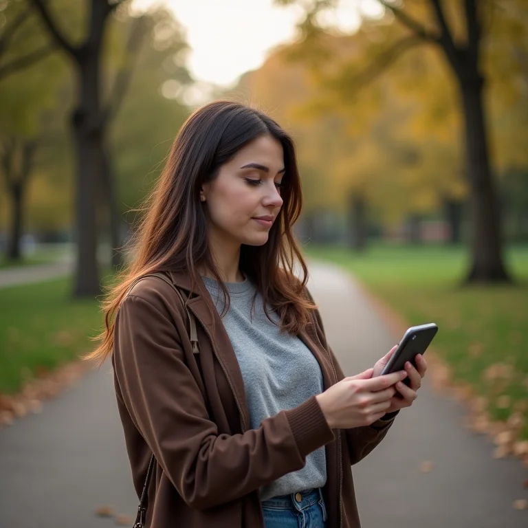 Mulher mid-size usando o Google Maps no modo offline em um parque.