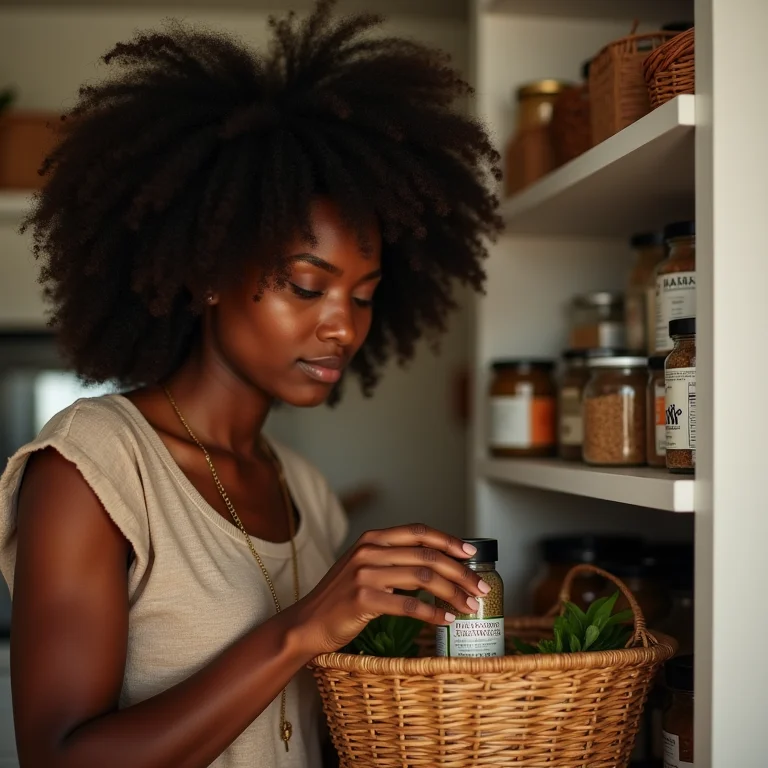 Mulher negra acessando um cesto em uma prateleira da despensa.