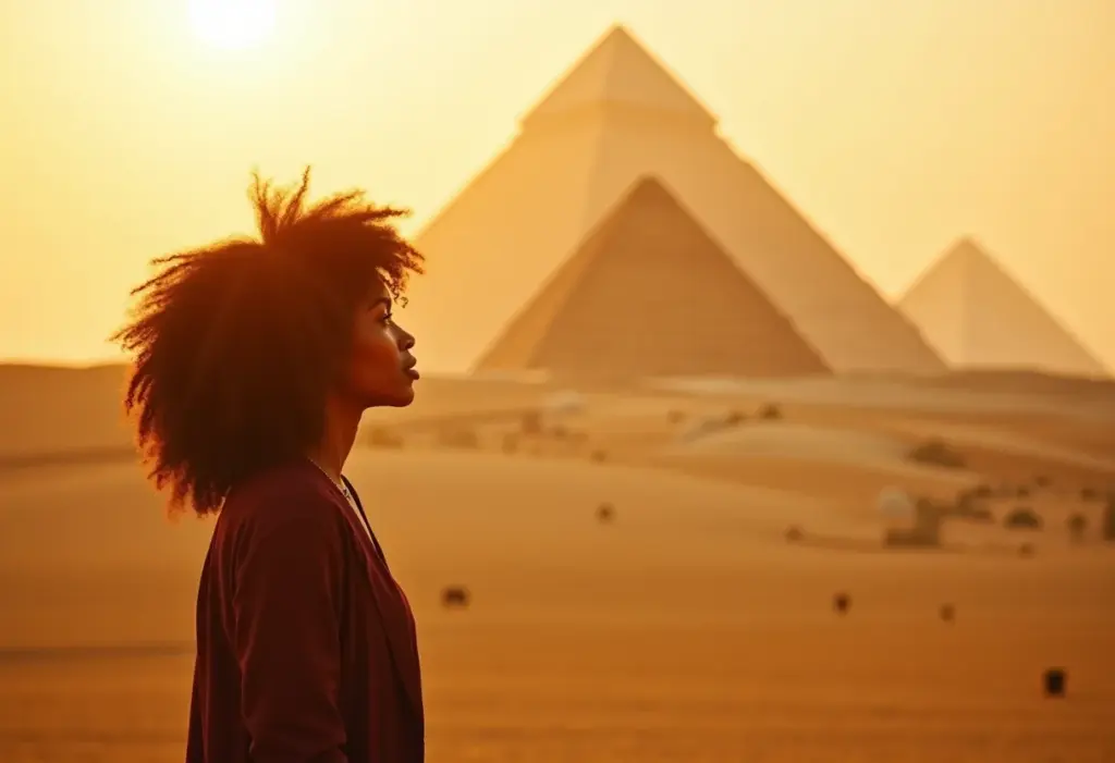 Egito dos Sonhos: Guia Completo para Pirâmides e Cruzeiros Mulher negra admirando as pirâmides do Egito ao pôr do sol