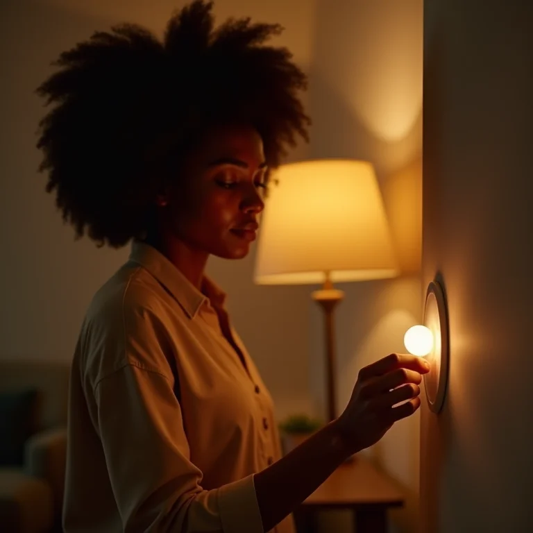 Mulher negra ajustando a intensidade da luz em sua sala de estar.