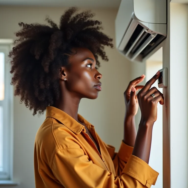 Mulher negra ajustando o termostato do ar-condicionado, representando o uso inteligente da energia