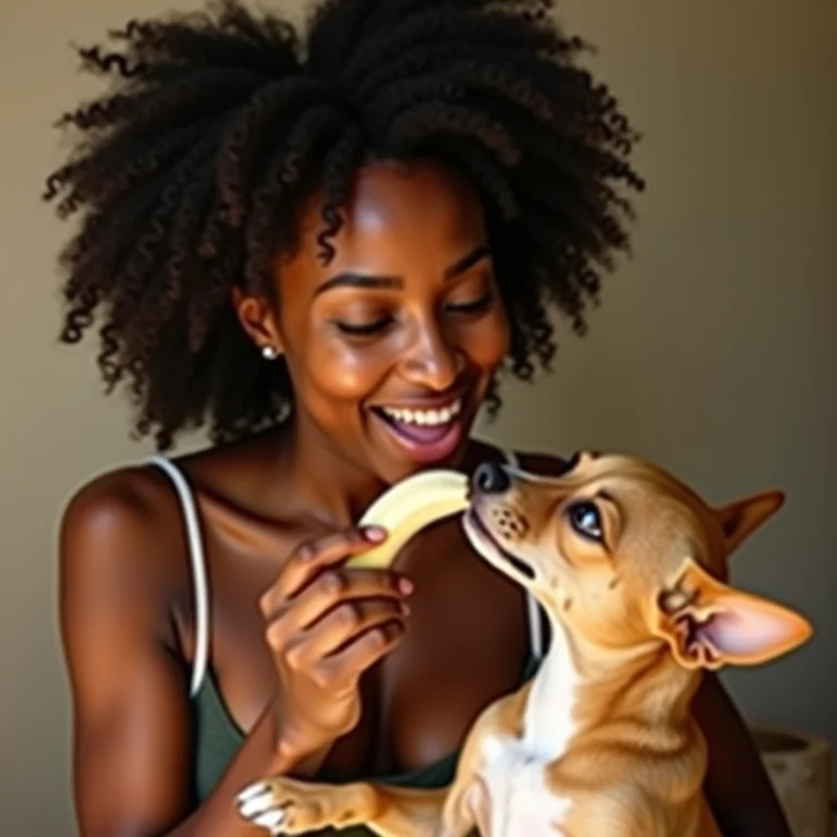 Mulher negra alimentando cachorro com banana