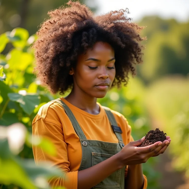 Mulher negra analisando a terra do seu jardim.