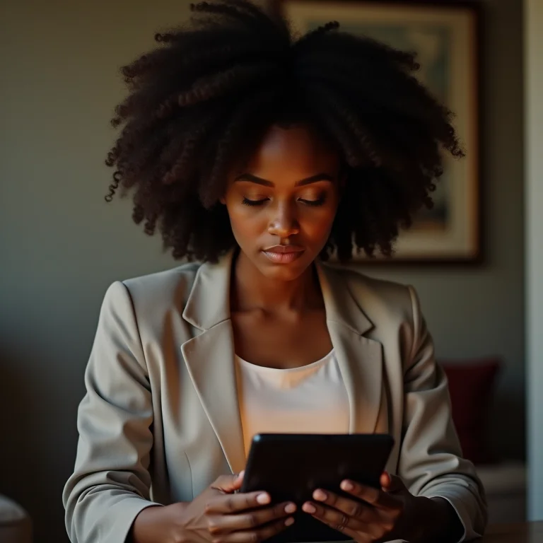 Mulher negra analisando design de logo em tablet