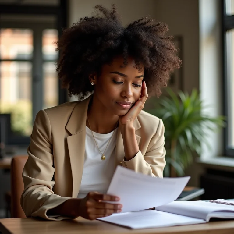 Mulher negra analisando documentos em busca de vagas confidenciais