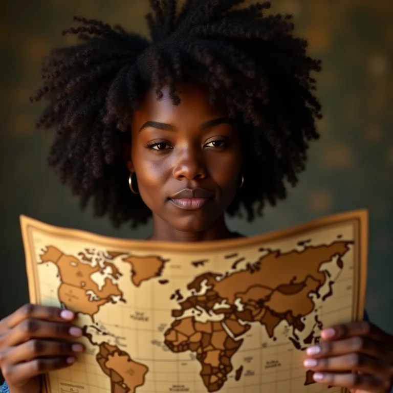 Mulher negra analisando mapa antigo com símbolos misteriosos