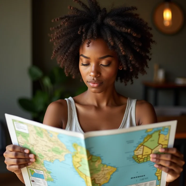 Mulher negra analisando mapa de Manaus.