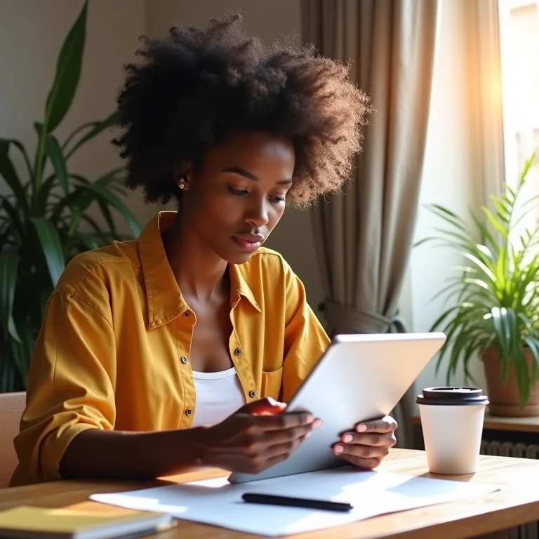 Mulher negra analisando plano de negócios.