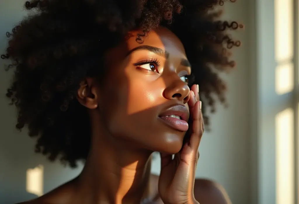 Mulher negra aplicando água termal no rosto